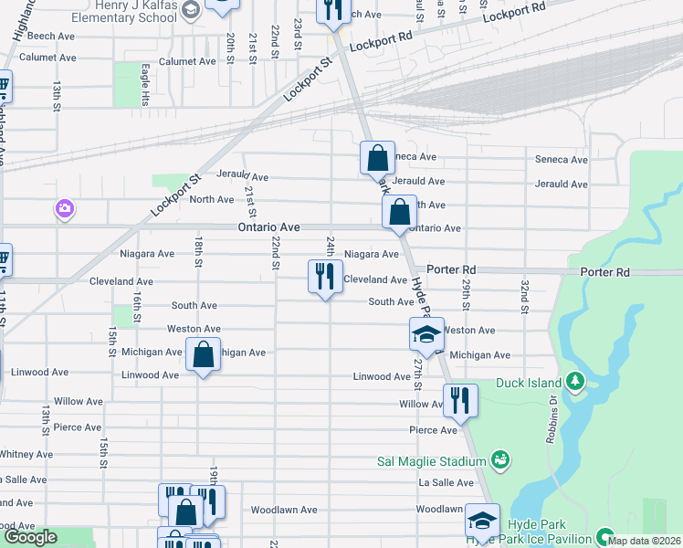 map of restaurants, bars, coffee shops, grocery stores, and more near 2262 Cleveland Avenue in Niagara Falls