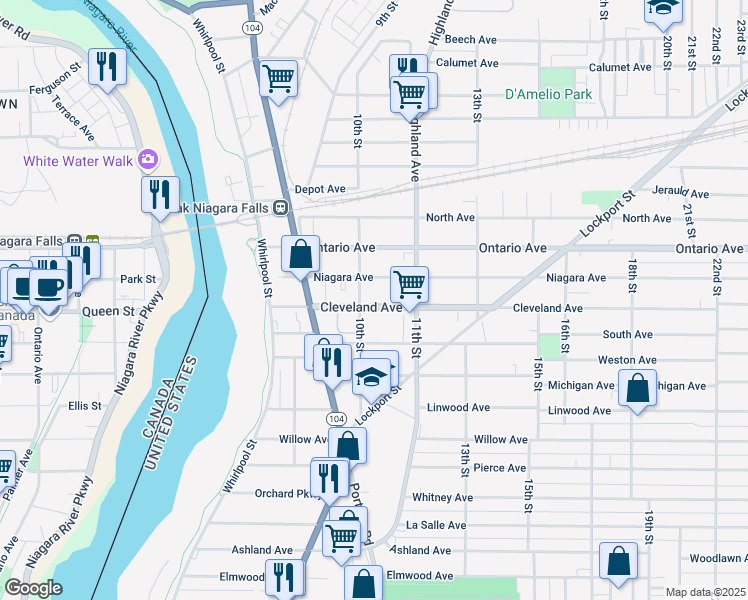 map of restaurants, bars, coffee shops, grocery stores, and more near 2006 10th Street in Niagara Falls