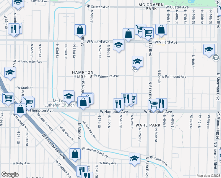 map of restaurants, bars, coffee shops, grocery stores, and more near 4916 North 56th Street in Milwaukee