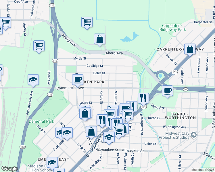 map of restaurants, bars, coffee shops, grocery stores, and more near 2738 Commercial Avenue in Madison