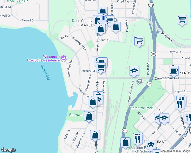 map of restaurants, bars, coffee shops, grocery stores, and more near 617 North Sherman Avenue in Madison