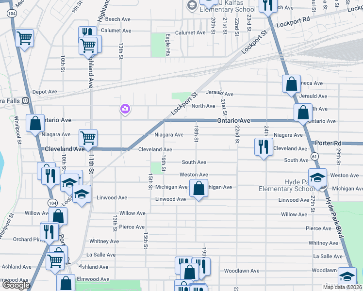 map of restaurants, bars, coffee shops, grocery stores, and more near 1642 Cleveland Ave in Niagara Falls