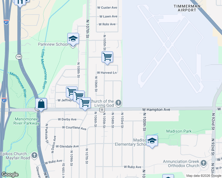 map of restaurants, bars, coffee shops, grocery stores, and more near 4907 North 104th Street in Milwaukee