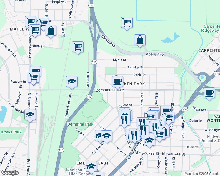 map of restaurants, bars, coffee shops, grocery stores, and more near 2452 Commercial Ave in Madison