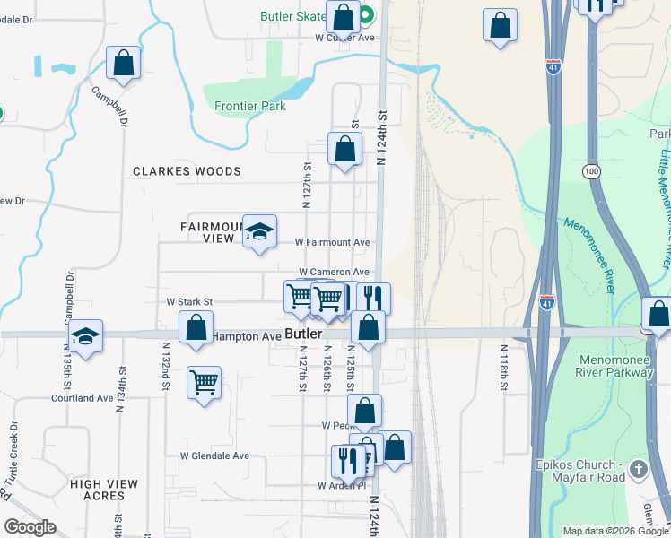 map of restaurants, bars, coffee shops, grocery stores, and more near 4952 North 126th Street in Butler