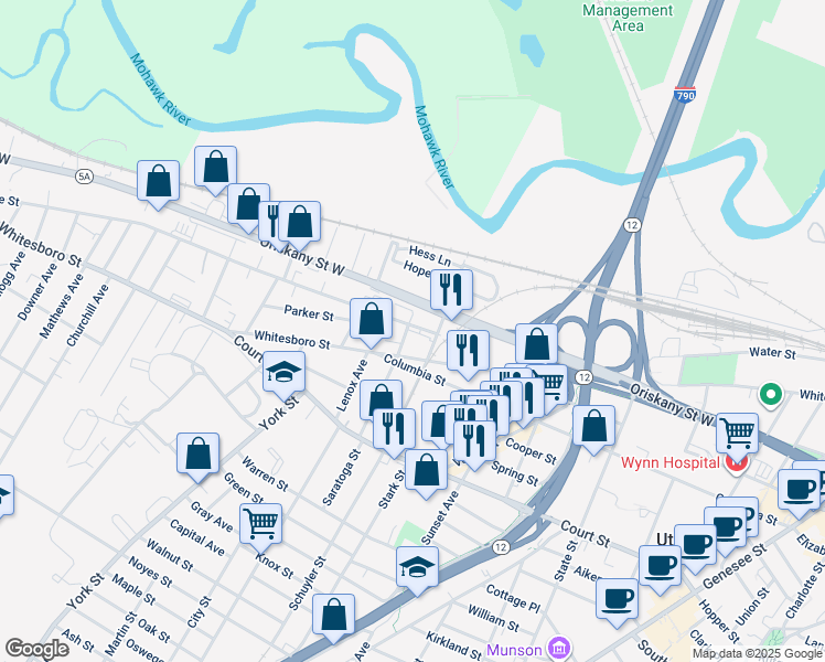 map of restaurants, bars, coffee shops, grocery stores, and more near 1 Saratoga St in Utica