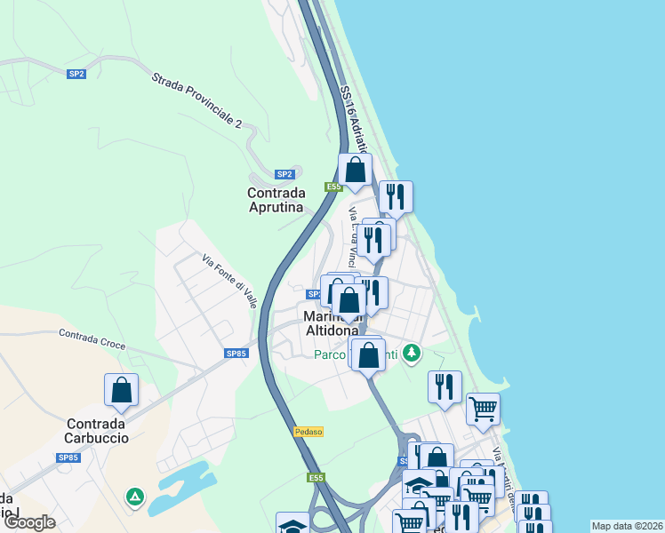 map of restaurants, bars, coffee shops, grocery stores, and more near 43 Via Michelangelo in Marina di Altidona