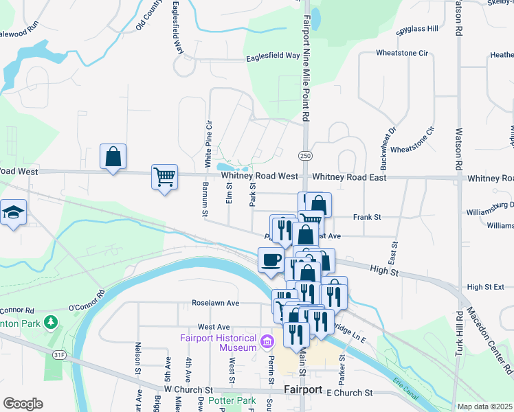 map of restaurants, bars, coffee shops, grocery stores, and more near 38 Deland Park A in Fairport