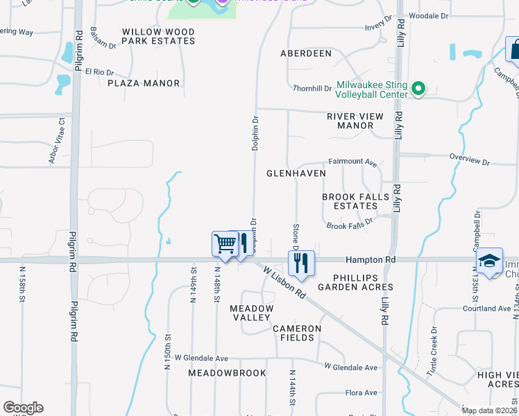 map of restaurants, bars, coffee shops, grocery stores, and more near W147N4924 Dolphin Drive in Menomonee Falls