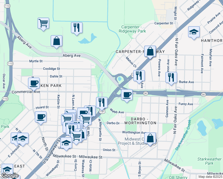 map of restaurants, bars, coffee shops, grocery stores, and more near 3046 Commercial Avenue in Madison