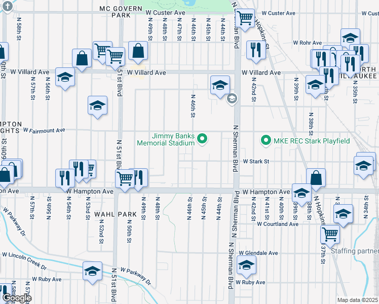 map of restaurants, bars, coffee shops, grocery stores, and more near 4923 North 46th Street in Milwaukee