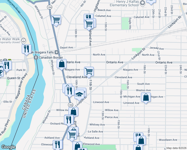 map of restaurants, bars, coffee shops, grocery stores, and more near 1112 Cleveland Avenue in Niagara Falls