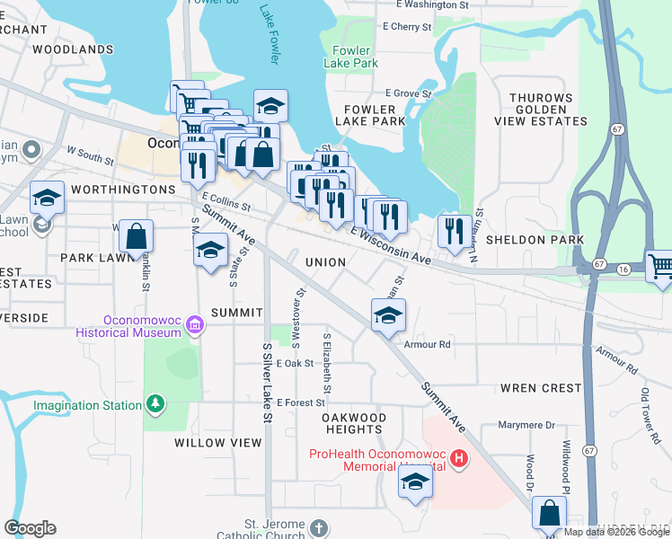 map of restaurants, bars, coffee shops, grocery stores, and more near 454 South Wood Street in Oconomowoc