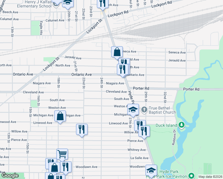 map of restaurants, bars, coffee shops, grocery stores, and more near 2438 Cleveland Avenue in Niagara Falls