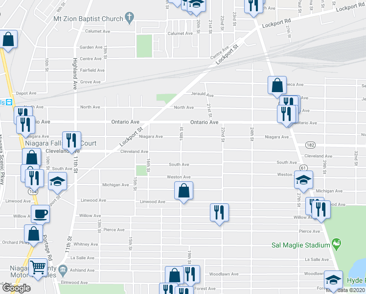 map of restaurants, bars, coffee shops, grocery stores, and more near 2009 18th St in Niagara Falls