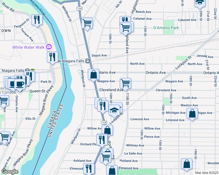 map of restaurants, bars, coffee shops, grocery stores, and more near 2006 10th Street in Niagara Falls