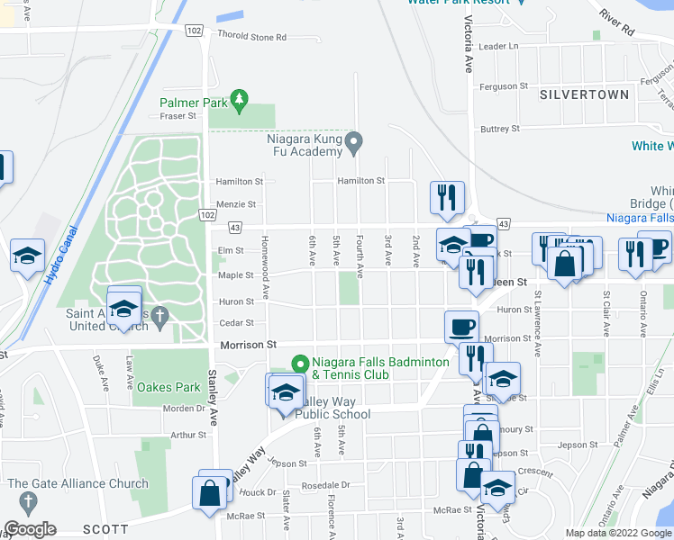 map of restaurants, bars, coffee shops, grocery stores, and more near Maple Street in Niagara Falls