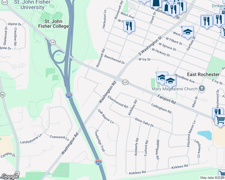 map of restaurants, bars, coffee shops, grocery stores, and more near 110 Washington Road in Pittsford