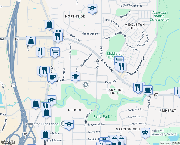 map of restaurants, bars, coffee shops, grocery stores, and more near 7014 Prairie Drive in Middleton