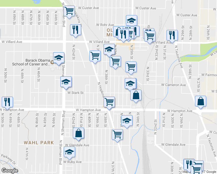 map of restaurants, bars, coffee shops, grocery stores, and more near 4926 North 38th Street in Milwaukee