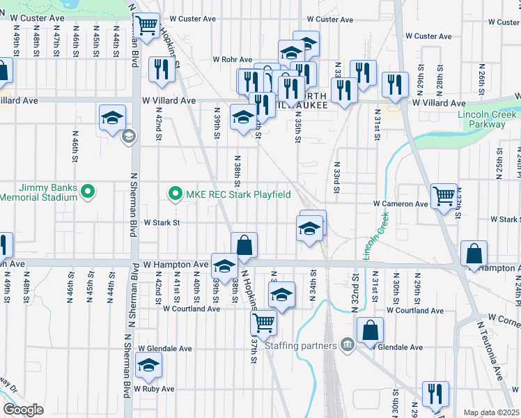 map of restaurants, bars, coffee shops, grocery stores, and more near 4926 North 37th Street in Milwaukee