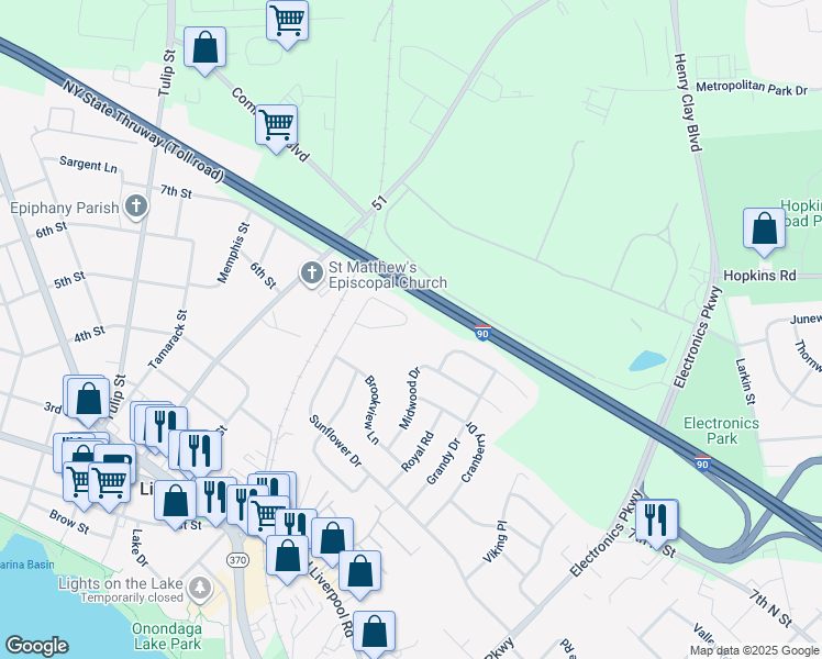 map of restaurants, bars, coffee shops, grocery stores, and more near 641 Sunflower Drive in Liverpool