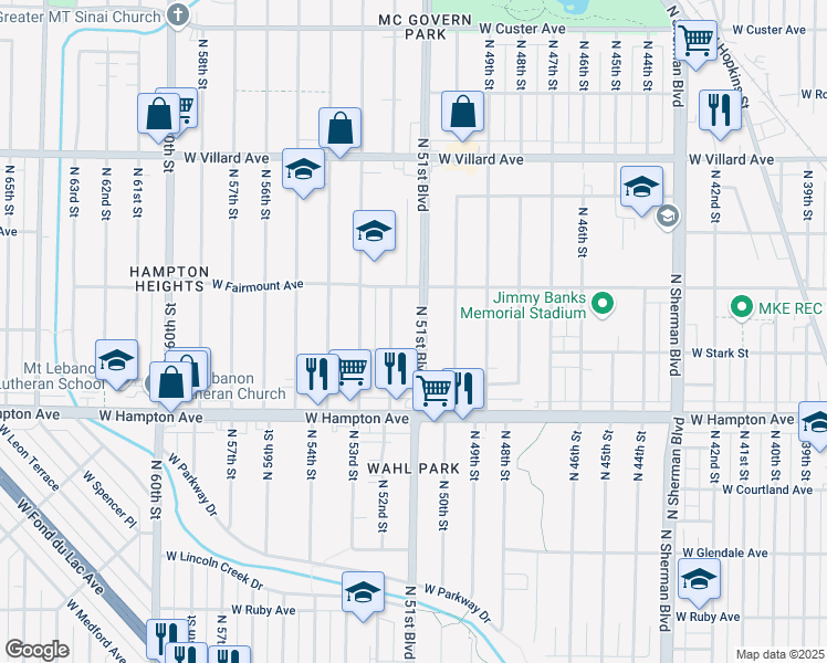 map of restaurants, bars, coffee shops, grocery stores, and more near 4921 North 51st Boulevard in Milwaukee