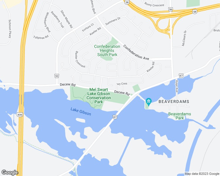 map of restaurants, bars, coffee shops, grocery stores, and more near 14 Dobbie Road in Thorold