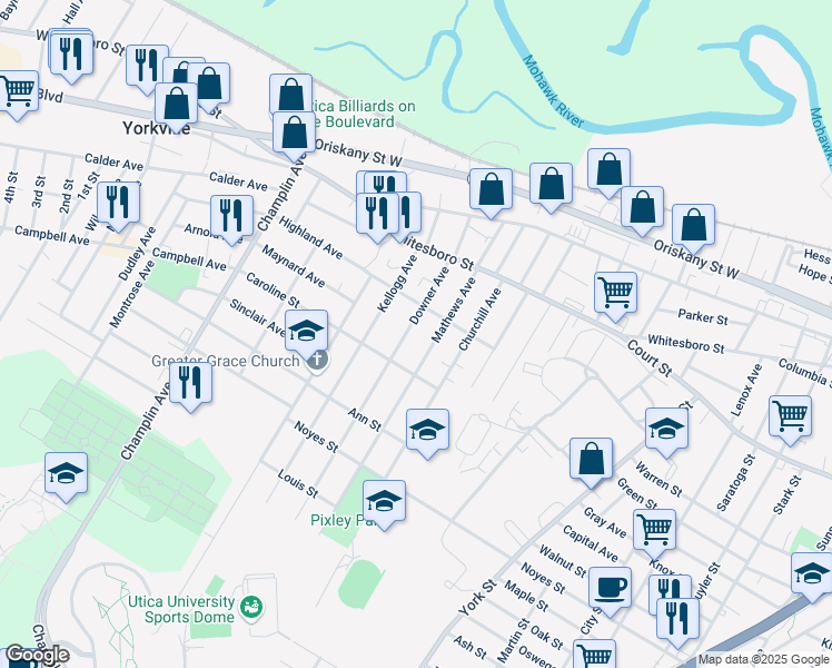 map of restaurants, bars, coffee shops, grocery stores, and more near 1009 Downer Avenue in Utica
