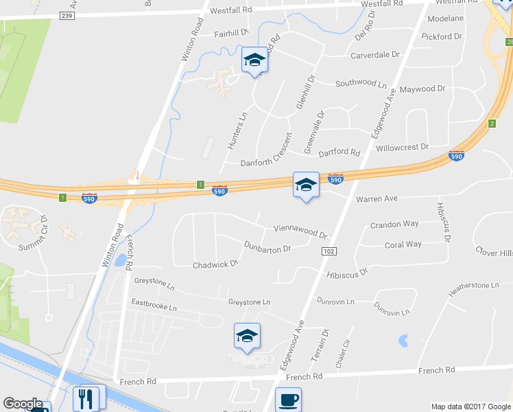 map of restaurants, bars, coffee shops, grocery stores, and more near 25 Turnabout Lane in Rochester