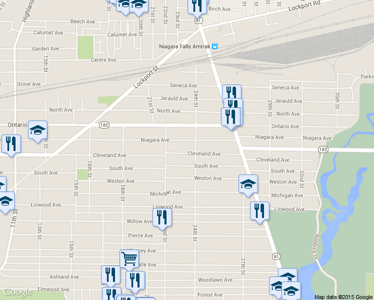 map of restaurants, bars, coffee shops, grocery stores, and more near 2248 Cleveland Avenue in Niagara Falls