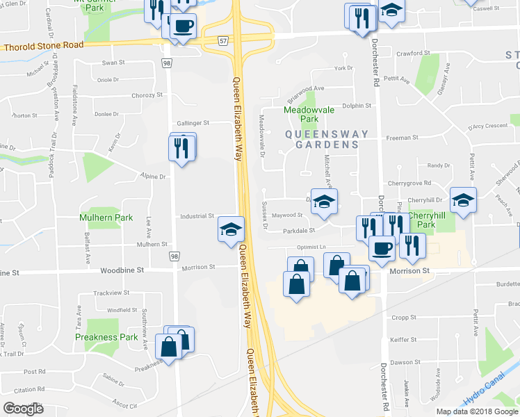 map of restaurants, bars, coffee shops, grocery stores, and more near 4567 Sussex Drive in Niagara Falls