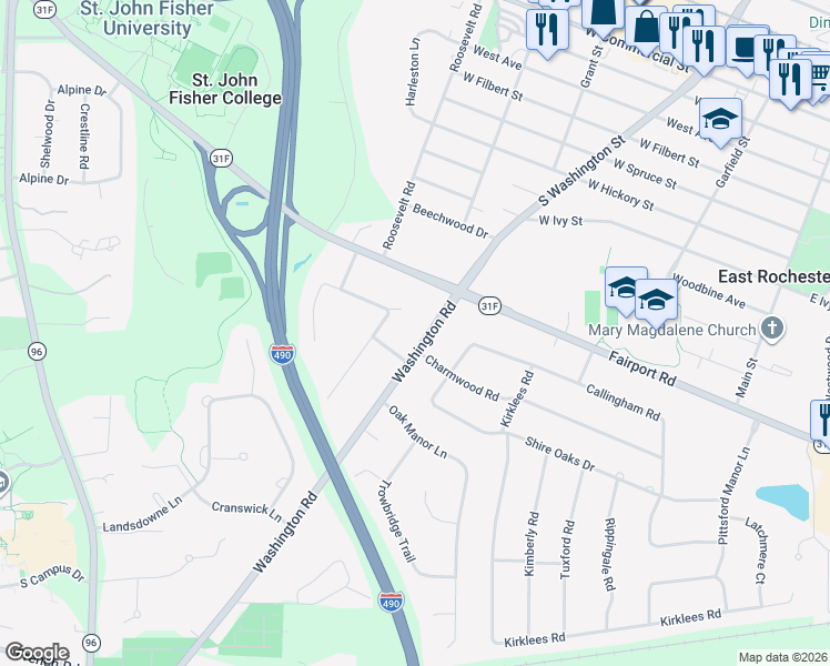 map of restaurants, bars, coffee shops, grocery stores, and more near 101 Washington Road in Pittsford