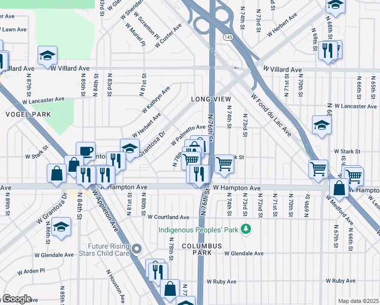 map of restaurants, bars, coffee shops, grocery stores, and more near 7721 West Gertrude Drive in Milwaukee