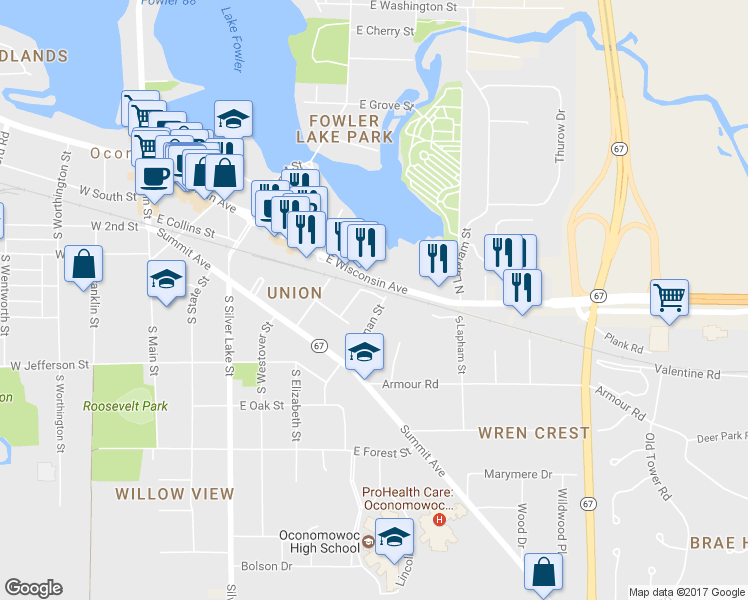 map of restaurants, bars, coffee shops, grocery stores, and more near 422 S Lyman St in Oconomowoc