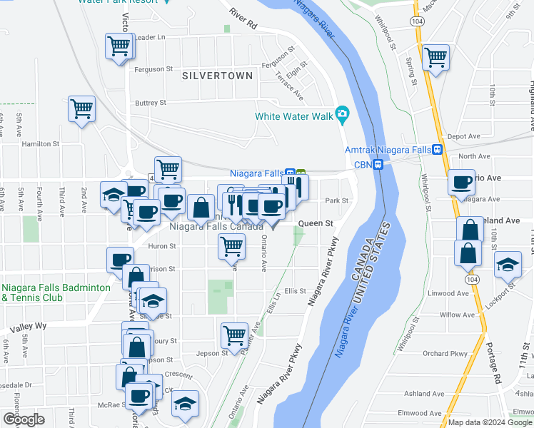 map of restaurants, bars, coffee shops, grocery stores, and more near 4622 Ontario Avenue in Niagara Falls