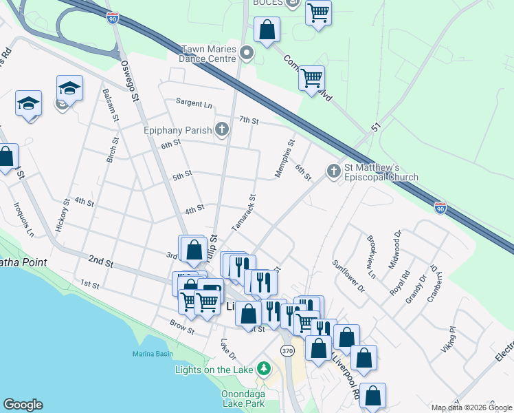 map of restaurants, bars, coffee shops, grocery stores, and more near 212 4th Street in Liverpool