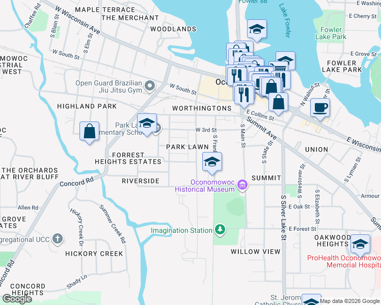 map of restaurants, bars, coffee shops, grocery stores, and more near 417 South Worthington Street in Oconomowoc