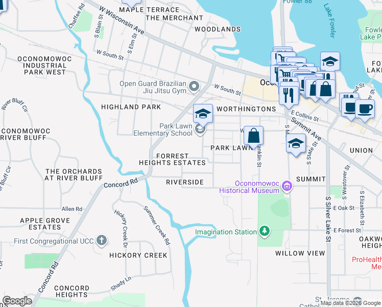 map of restaurants, bars, coffee shops, grocery stores, and more near 450 West 5th Street in Oconomowoc