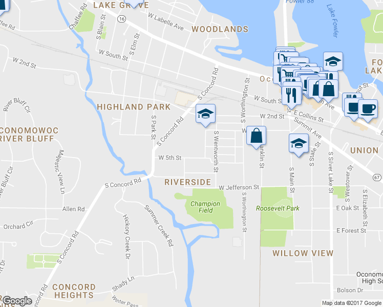 map of restaurants, bars, coffee shops, grocery stores, and more near 450 W 5th St in Oconomowoc
