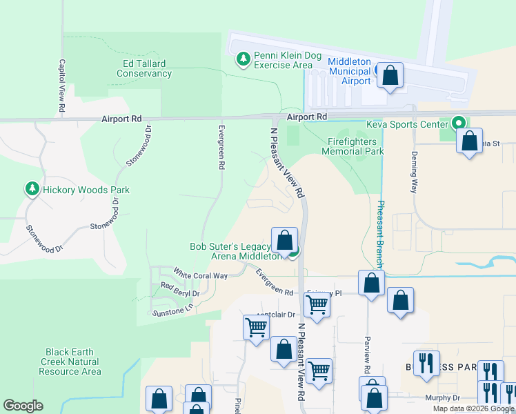 map of restaurants, bars, coffee shops, grocery stores, and more near 2866 Pleasant View Road in Middleton