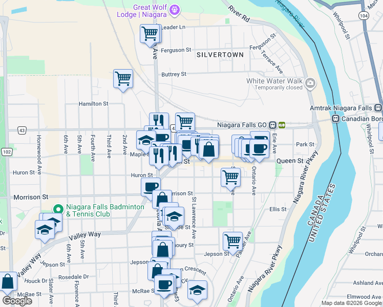 map of restaurants, bars, coffee shops, grocery stores, and more near 4619 Saint Lawrence Avenue in Niagara Falls