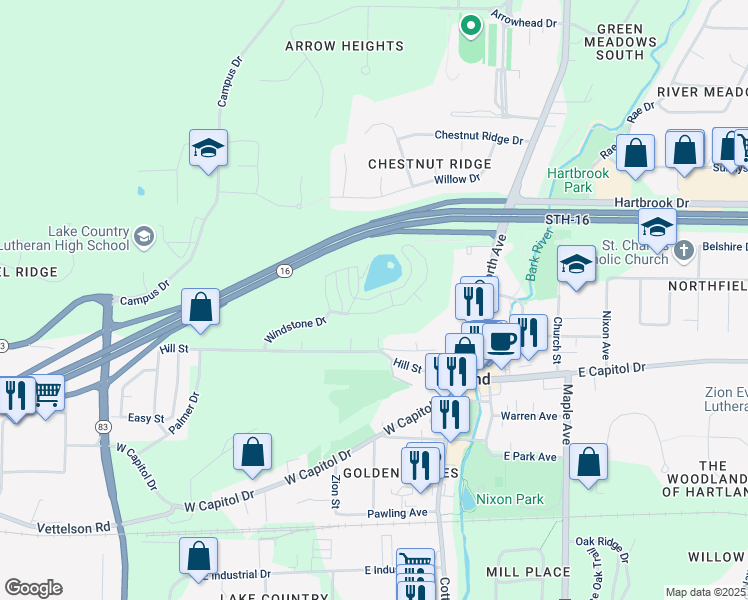 map of restaurants, bars, coffee shops, grocery stores, and more near 321 Lakeview Drive in Hartland