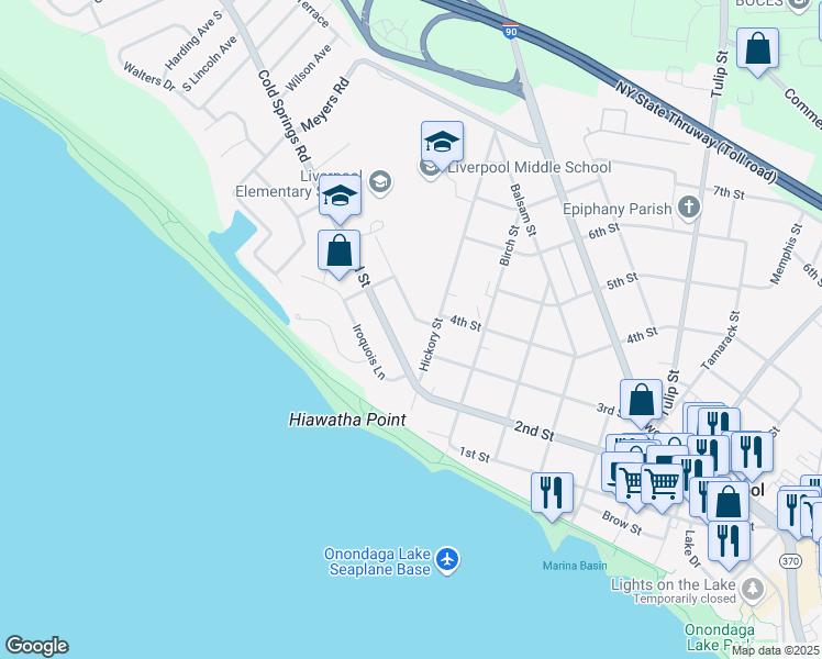 map of restaurants, bars, coffee shops, grocery stores, and more near 305 Hickory Street in Liverpool