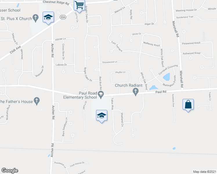 map of restaurants, bars, coffee shops, grocery stores, and more near 22 Adela Circle in Rochester
