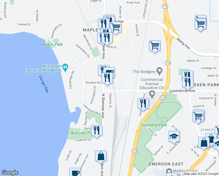map of restaurants, bars, coffee shops, grocery stores, and more near 1718 Commercial Avenue in Madison