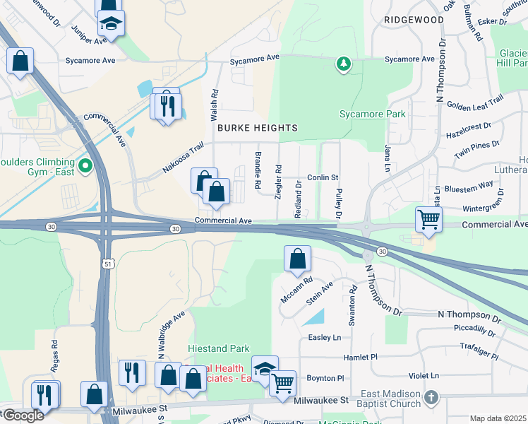 map of restaurants, bars, coffee shops, grocery stores, and more near 4244 Commercial Ave in Madison