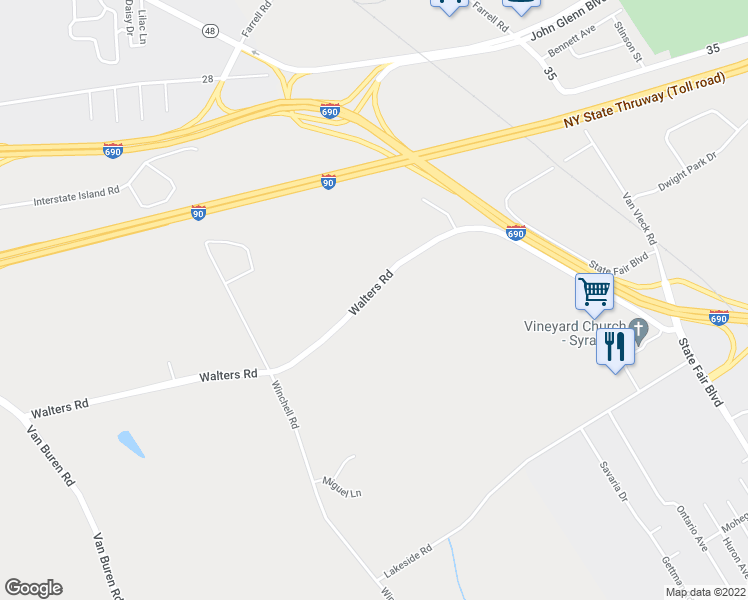 map of restaurants, bars, coffee shops, grocery stores, and more near 3538 Walters Road in Syracuse