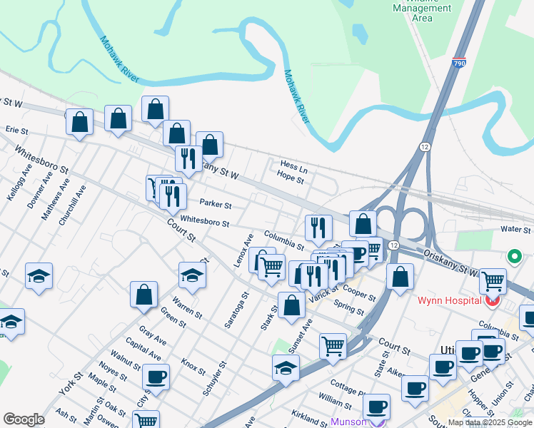 map of restaurants, bars, coffee shops, grocery stores, and more near 1046 Whitesboro Street in Utica