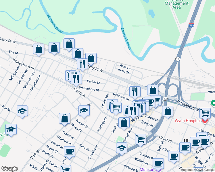 map of restaurants, bars, coffee shops, grocery stores, and more near 1046 Whitesboro Street in Utica